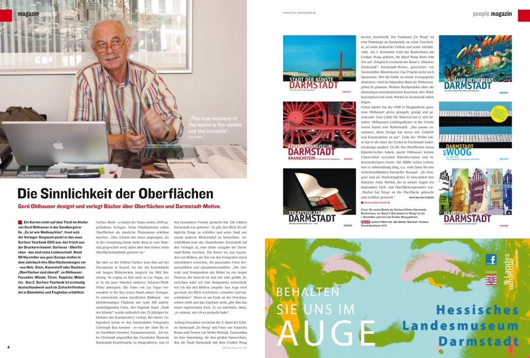Artikel im FRIZZ-Magazin über Gerd Ohlhauser: Die Sinnlichkeit der Oberflächen - Gerd Ohlhauser designt und verlegt Bücher über Oberflächen und Darmstadt-Motive